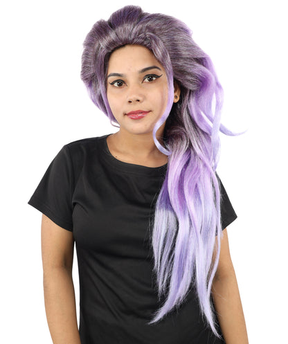 HPO Women's Long Wavy Fantasy Purple wig | Dark roots transitioning to luminescent blue tips, created of flame-retardant synthetic fiber, capless base | Theater stage, costume events, drag