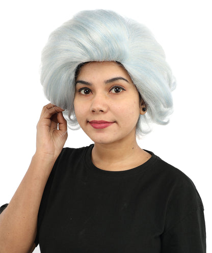 Vintage Wavy Silver Blue Wig | 12 Inch Voluminous Swept Back Curls Retro Texture | Party Halloween Cosplay Theater Drag Performance Costume Events