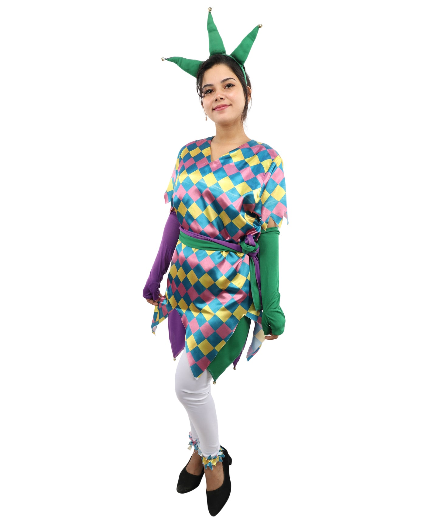 HPO Women's Sequin Jester Dress Costume – Multicolor Jester Style Outfit with Diamond Pattern | Party, Cosplay & Festival Wear