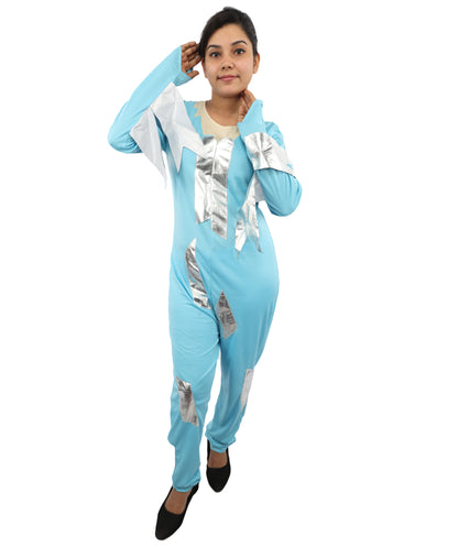 HPO Women's Ice Blue Jumpsuit Costume | Shimmering Synthetic Febric Bodysuit with Metallic Accents and Fringe | Idal for Halloween, Cosplay, Drag, and Themed Events