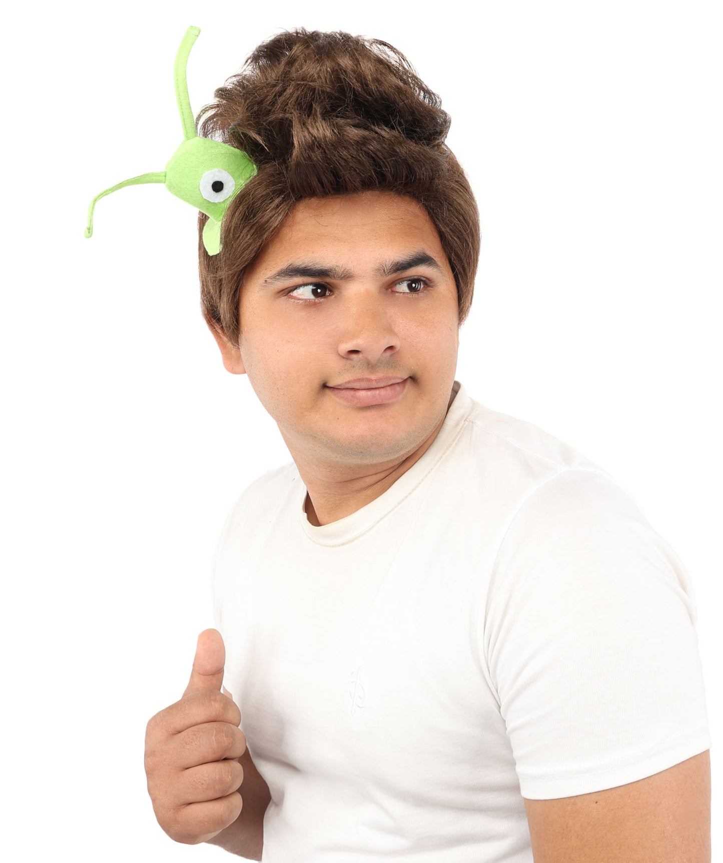 HPO Men's Brain Slug Orange Wig | Medium Spiked Synthetic Hair with Attached Green Alien Plush and Messy Texture | Sci-Fi Cosplay, Halloween, Cartoon Theme Party, and Funny Costume Accessories