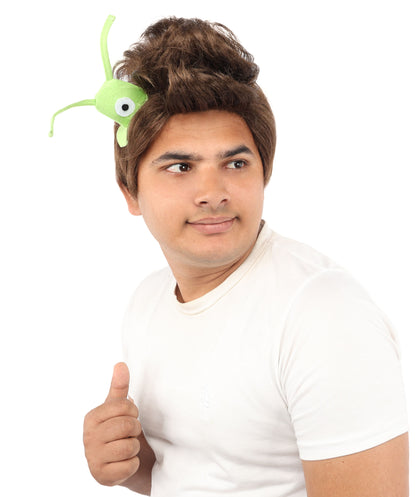 HPO Men's Brain Slug Orange Wig | Medium Spiked Synthetic Hair with Attached Green Alien Plush and Messy Texture | Sci-Fi Cosplay, Halloween, Cartoon Theme Party, and Funny Costume Accessories