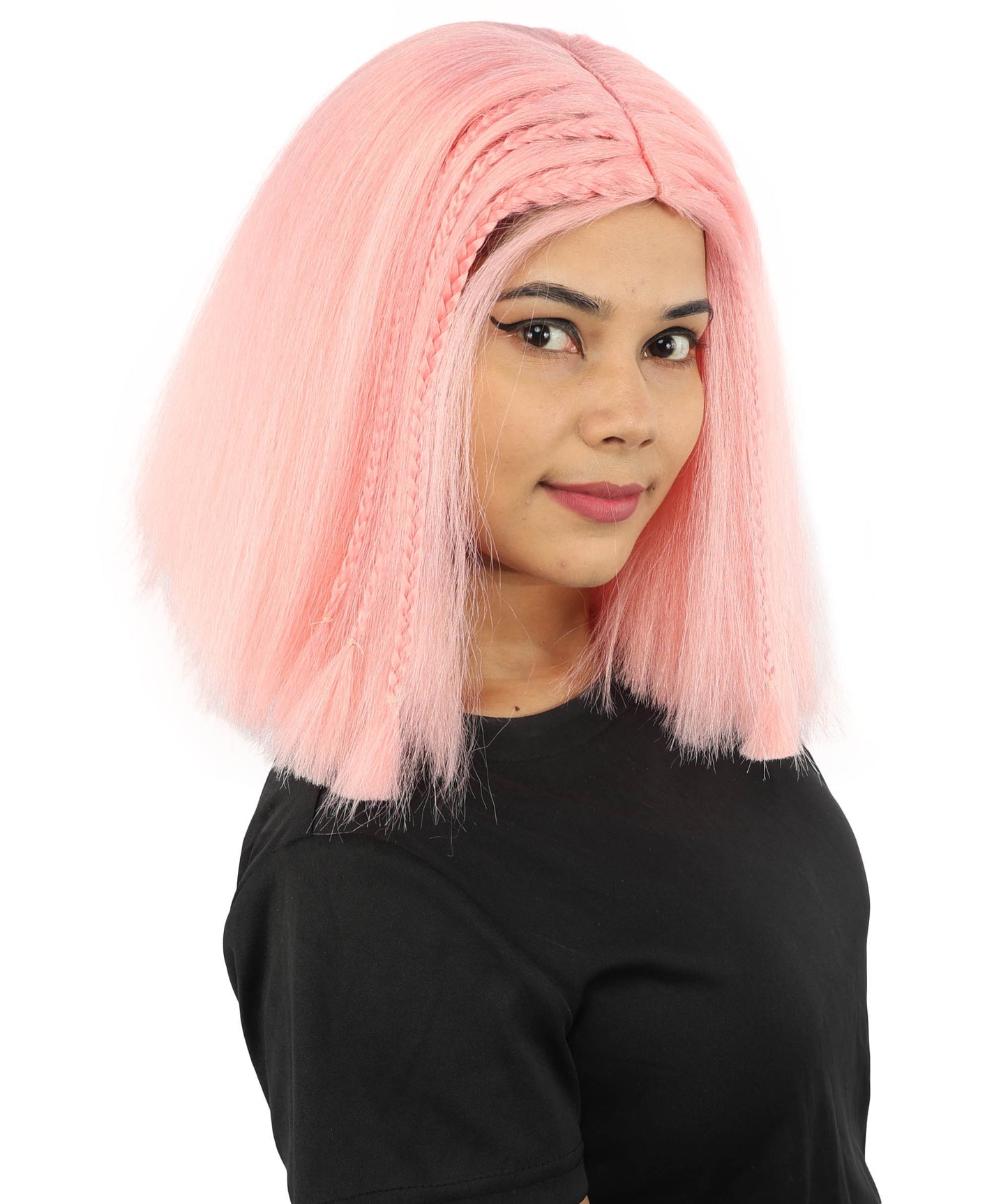 HPO Celebrity-Style 11 Inch Green Rooted Blonde Front Braided Straight Wig | Shoulder-Length Fun, Bold, and Stylish Hairpiece  | Ideal for Halloween, Cosplay, and Themed Parties
