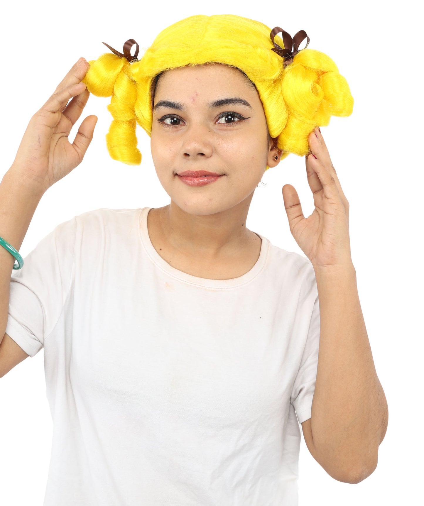 HPO Women's Golden White Mixed Curly Pigtail Wig | Messy Ringlet Twin Tails with Attached Fabric Ribbons, Synthetic Fiber & Breathable Cap | Halloween, Movie Character Roleplay, Costume Party & Theater