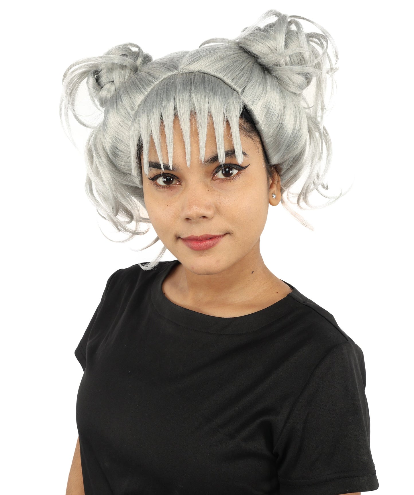 HPO Adult Women’s Messy Twin Bun Wig with Graphic Bangs | Multiple Color Options | Edgy Wig for Cosplay, Fashion Events, Halloween & Stage Wear | Adjustable Cap, Lightweight Synthetic Fiber