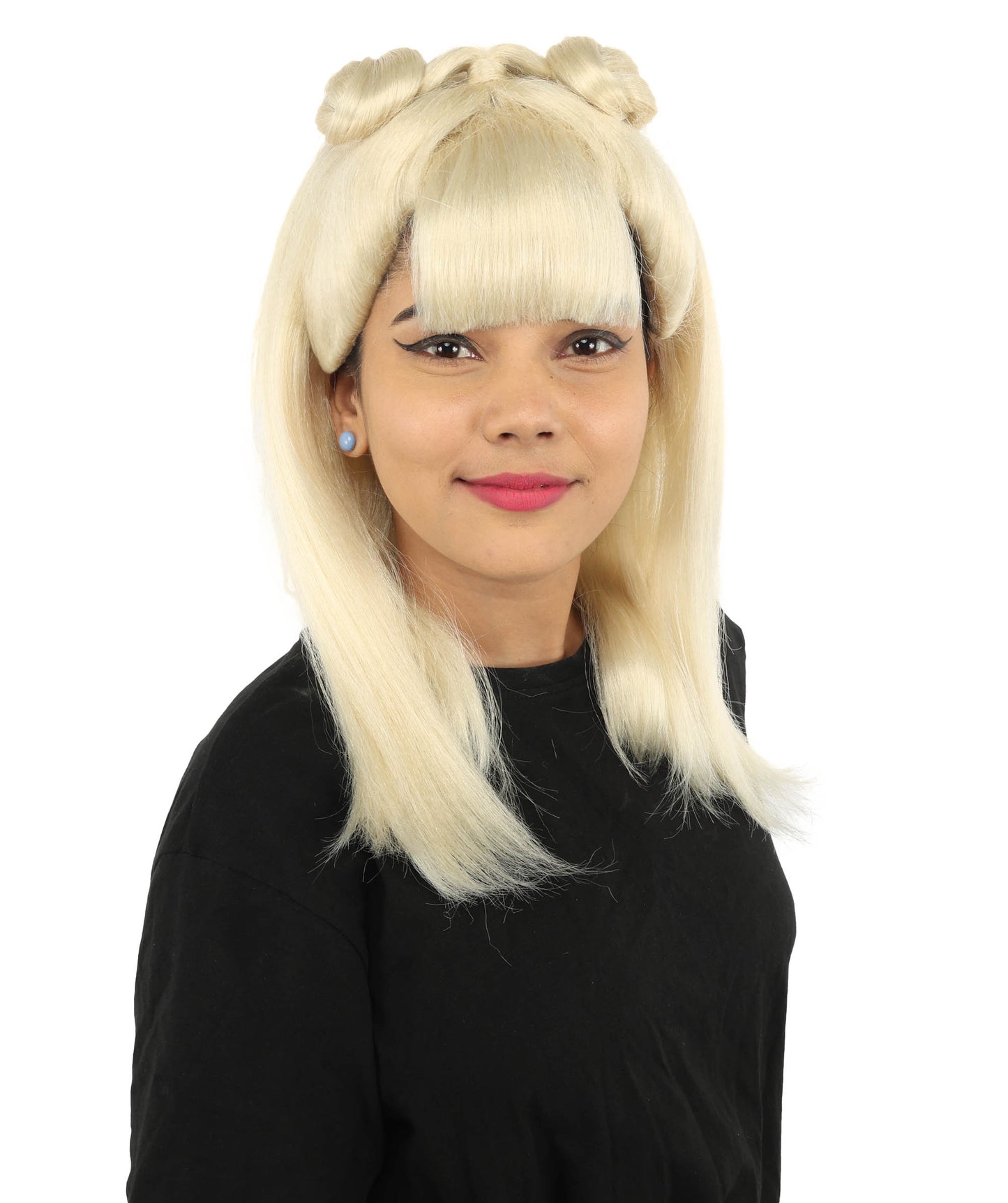 HPO Women's Brown & Pink Half Updo Bangs Wig | Create of synthetic fiber, blunt fringe with top bow, breathable base | Party, Halloween, theater, drag, performance, costume events