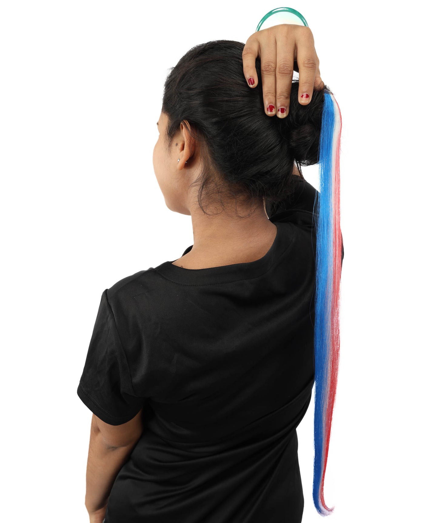 HPO Women's International Clip-in Hair Extension | Sleek red, white, and blue synthetic fibers featuring a secure snap attachment | Ideal for party, Halloween, cosplay, theater, drag, performance, costume events