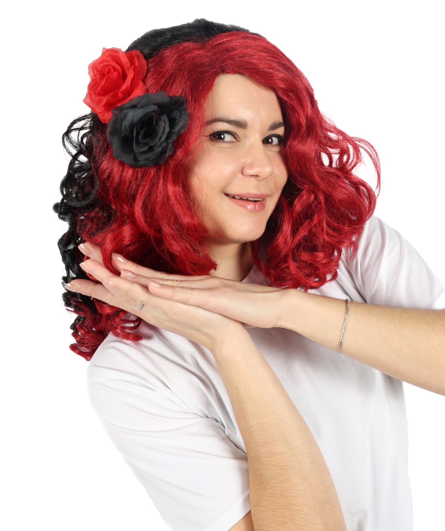 HPO Women’s Day of the Dead 17-Inch Black and Red Curly Wig with Flower | Halloween & Cosplay Wig | Flame-retardant Synthetic Fiber