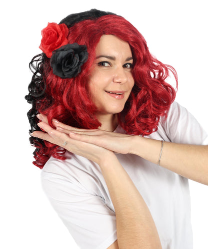 HPO Women’s Day of the Dead 17-Inch Black and Red Curly Wig with Flower | Halloween & Cosplay Wig | Flame-retardant Synthetic Fiber