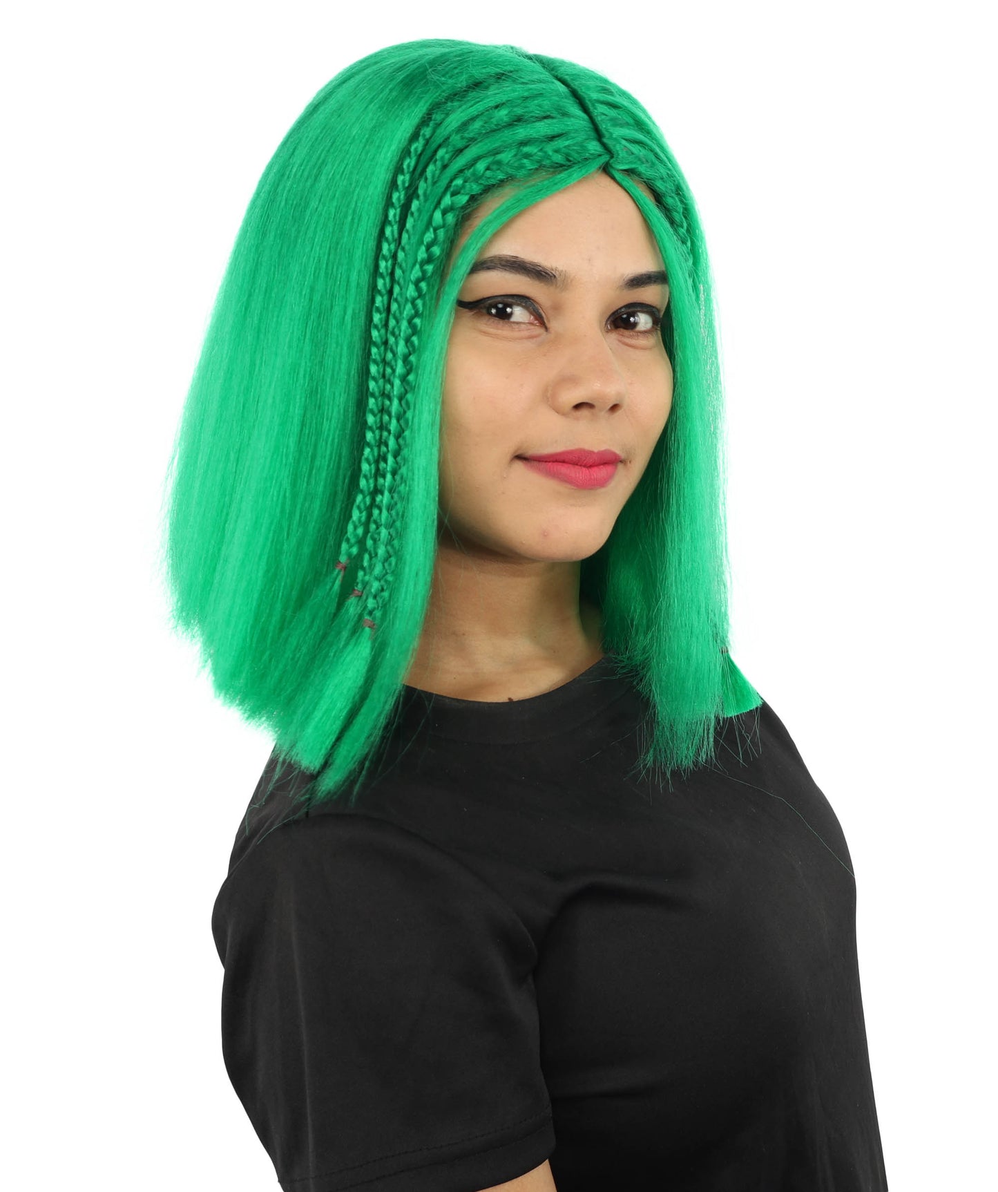 HPO Celebrity-Style 11 Inch Green Rooted Blonde Front Braided Straight Wig | Shoulder-Length Fun, Bold, and Stylish Hairpiece  | Ideal for Halloween, Cosplay, and Themed Parties