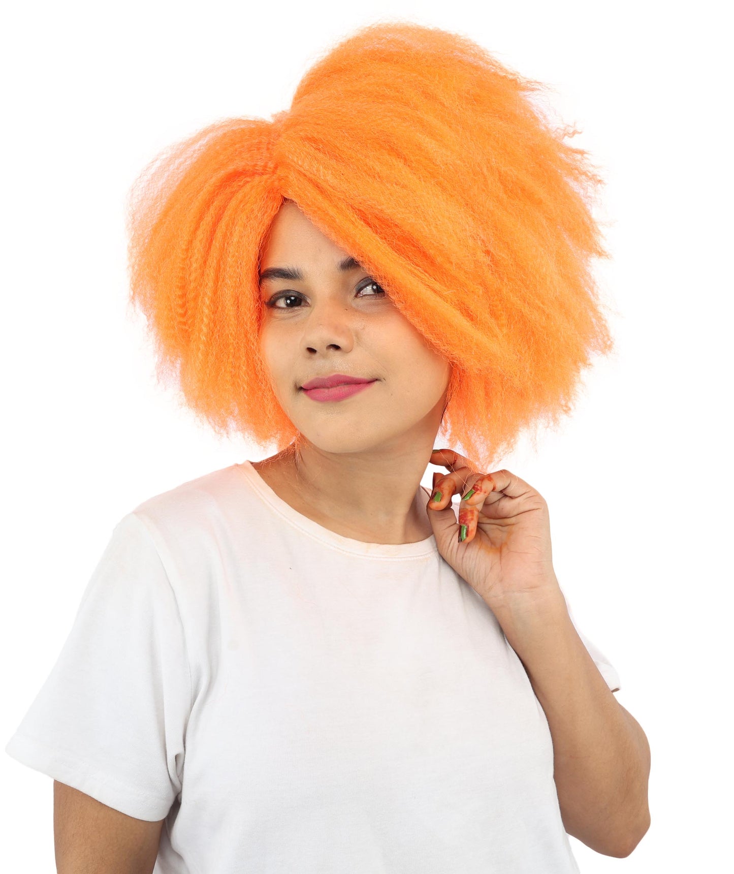 HPO Women’s Horror Doll Character-Inspired Spiky Orange Wig | Short Scary Hairpiece | Ideal for Halloween Costume Cosplay