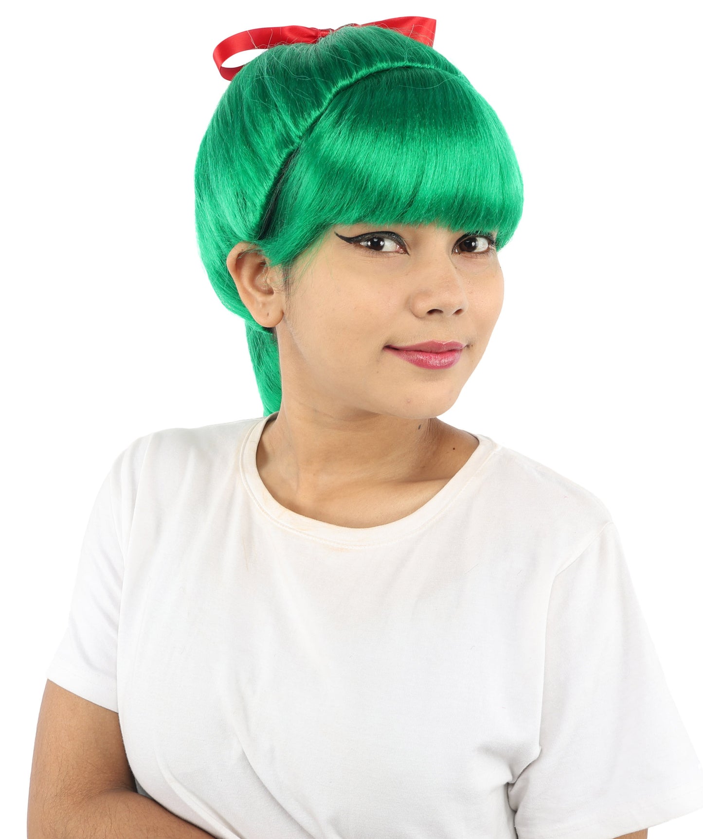 HPO Women's Spiral Ponytail Wig | Multicolor Options | High Updo with Red Ribbon Bow & Bangs, Heat Friendly Synthetic Fiber & Breathable Cap | Halloween, Christmas Event, Themed Party, Theater & Roleplay