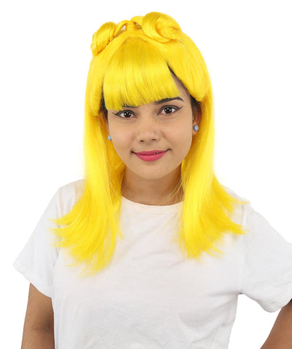 HPO Women's Brown & Pink Half Updo Bangs Wig | Create of synthetic fiber, blunt fringe with top bow, breathable base | Party, Halloween, theater, drag, performance, costume events