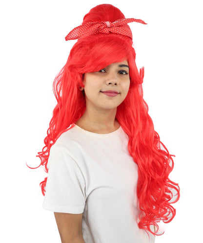 HPO Women’s Retro Beehive Wig with Red Bow | Multicolor Options | Extra Long Wavy Fancy Dress Accessory | Fancy Dress Accessory | Celebrity-Inspired Hair for Halloween, Cosplay & Music Tribute Parties