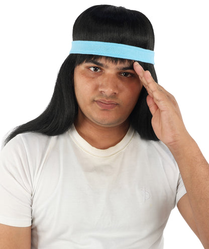 HPO Men's Long Auburn Wig with Headband | Straight Reddish Texture with Blunt Bangs & Included Teal Band, Heat Resistant Fiber | Halloween, Troll Roleplay, Fantasy Party, Carnival & Theater