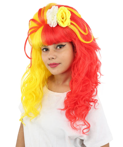HPO Women's Split Style Glamour Red & Yellow Wig | Long curly synthetic fibers with big teased volume blunt bangs and capless base | Essential for theatrical stage drag performance costume events and party