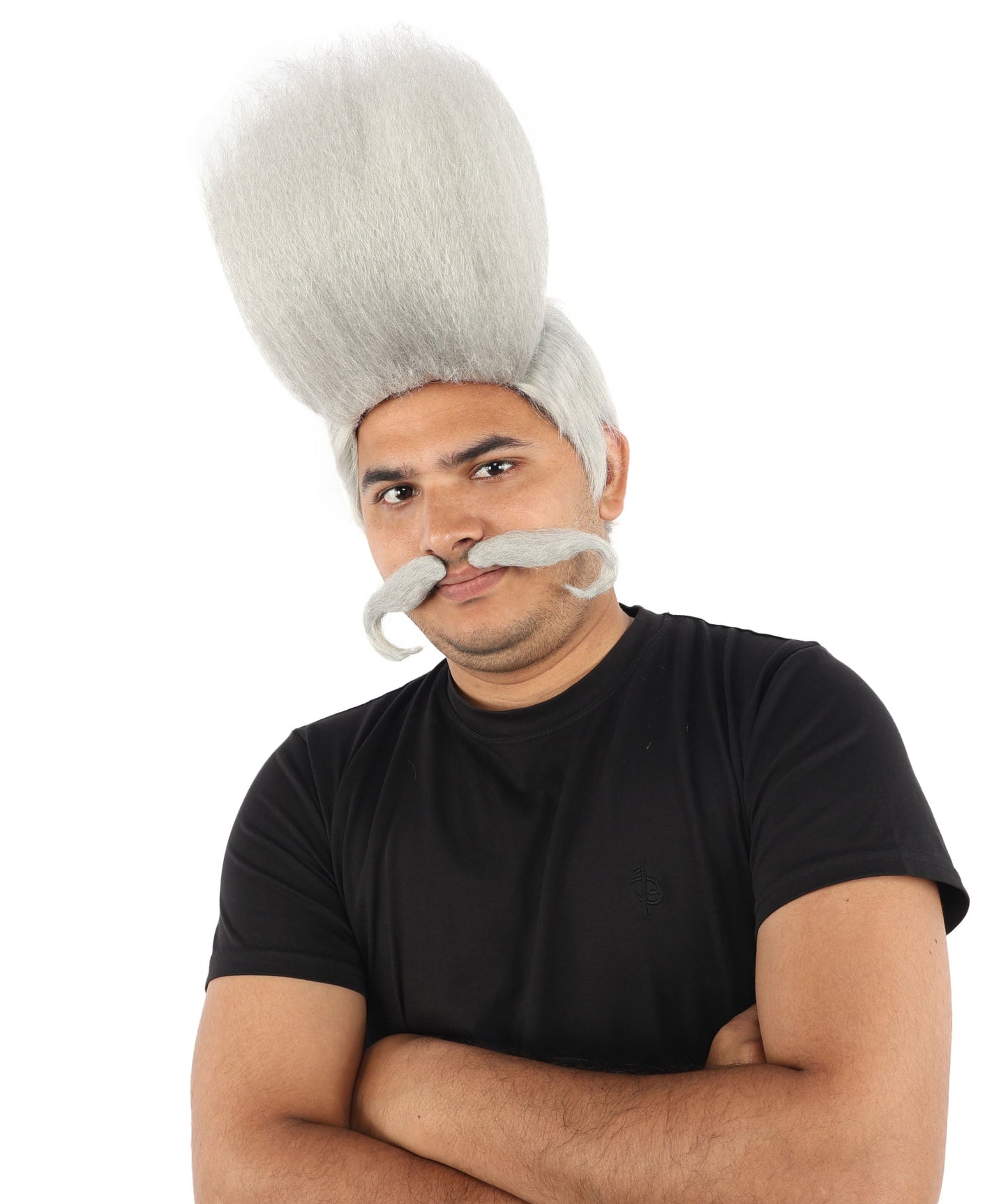 HPO Adult Men's Tall Flat Top Wig and Mustache | Vertical Dark Pompadour with Long Handlebar Facial Hair, Synthetic Fiber & Breathable Net | Halloween, Carnival, Stage Performance & Roleplay