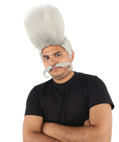 HPO Adult Men's Tall Flat Top Wig and Mustache | Vertical Dark Pompadour with Long Handlebar Facial Hair, Synthetic Fiber & Breathable Net | Halloween, Carnival, Stage Performance & Roleplay