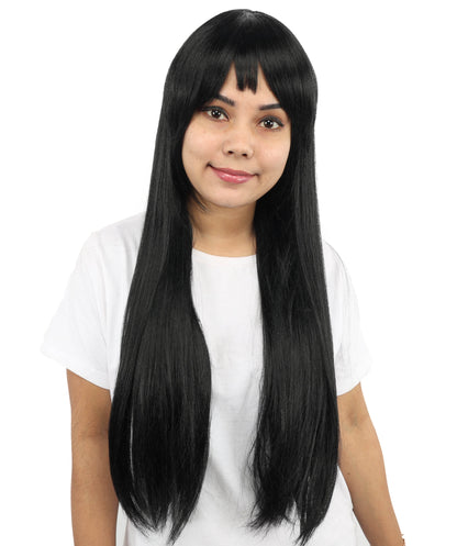 HPO Women's Sleek Straight Wig | 27 Inch Black Texture Face Framing Bangs Heat Friendly Fiber | Party Halloween Cosplay Theater Drag Performance Costume Events