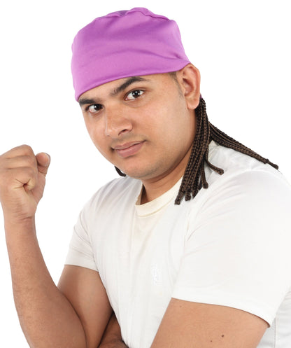 Men’s Movie Character Inspired Black Braided Wig with Purple Head Wrap Hat | Flame-retardant Synthetic Fiber | Ideal Hairpiece for Cosplay & Halloween