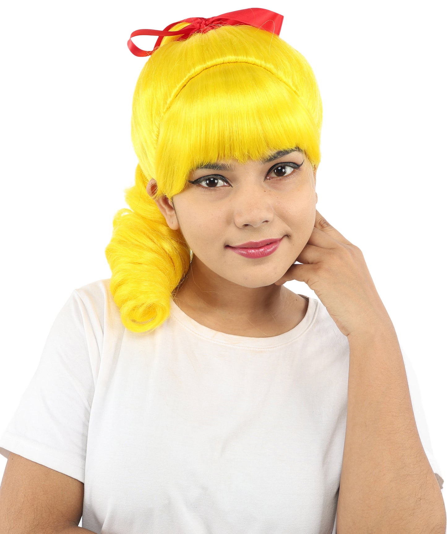 HPO Women's Spiral Ponytail Wig | Multicolor Options | High Updo with Red Ribbon Bow & Bangs, Heat Friendly Synthetic Fiber & Breathable Cap | Halloween, Christmas Event, Themed Party, Theater & Roleplay