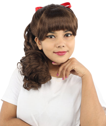 HPO Women's Spiral Ponytail Wig | Multicolor Options | High Updo with Red Ribbon Bow & Bangs, Heat Friendly Synthetic Fiber & Breathable Cap | Halloween, Christmas Event, Themed Party, Theater & Roleplay