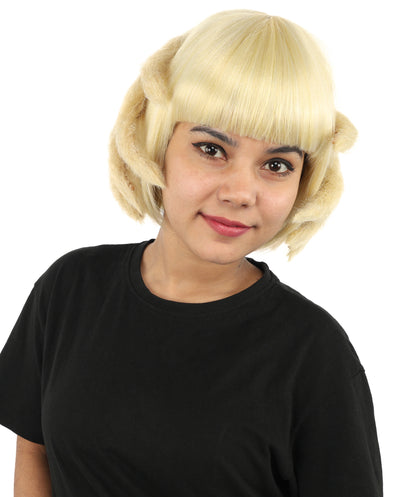 HPO Women's Sculpted Hand Bob Wig | Pale champagne blonde hue, create of synthetic fiber, 10-inch sleek bob with integrated hair-sculpted hands, breathable base | Party, Halloween, theater, drag, performance, costume events