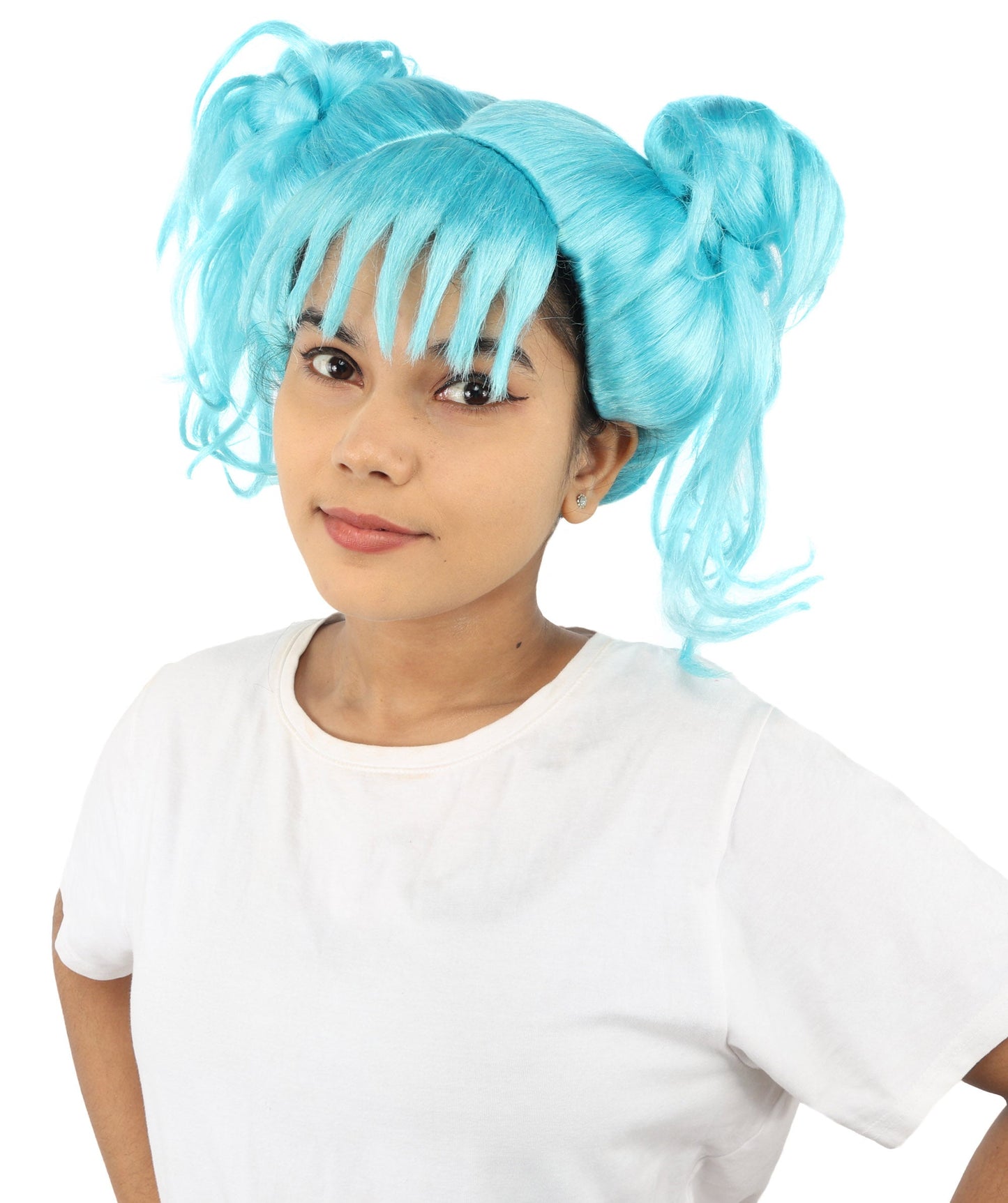 HPO Adult Women’s Messy Twin Bun Wig with Graphic Bangs | Multiple Color Options | Edgy Wig for Cosplay, Fashion Events, Halloween & Stage Wear | Adjustable Cap, Lightweight Synthetic Fiber