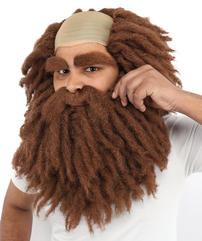 HPO Men's Bushy Brown Curly Beard Moustache Eyebrow and Wig Set | Wild Hair Look Costume Accessory with Bald Cap Design | Synthetic Fiber Wig Ideal for Stage Shows, Dress-Up & Party Events