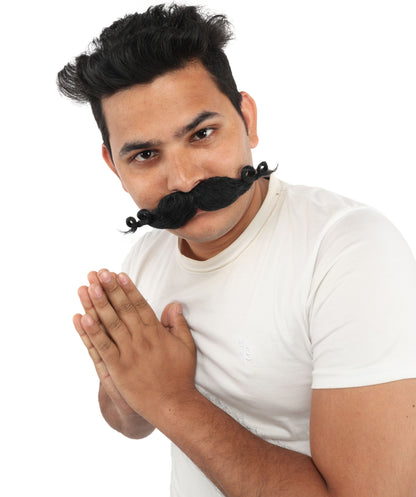 HPO Men’s Brown Curled Handlebar Mustache – Vintage Style Fake Facial Hair for Retro Characters | Ideal for Halloween, Cosplay and Themed Parties