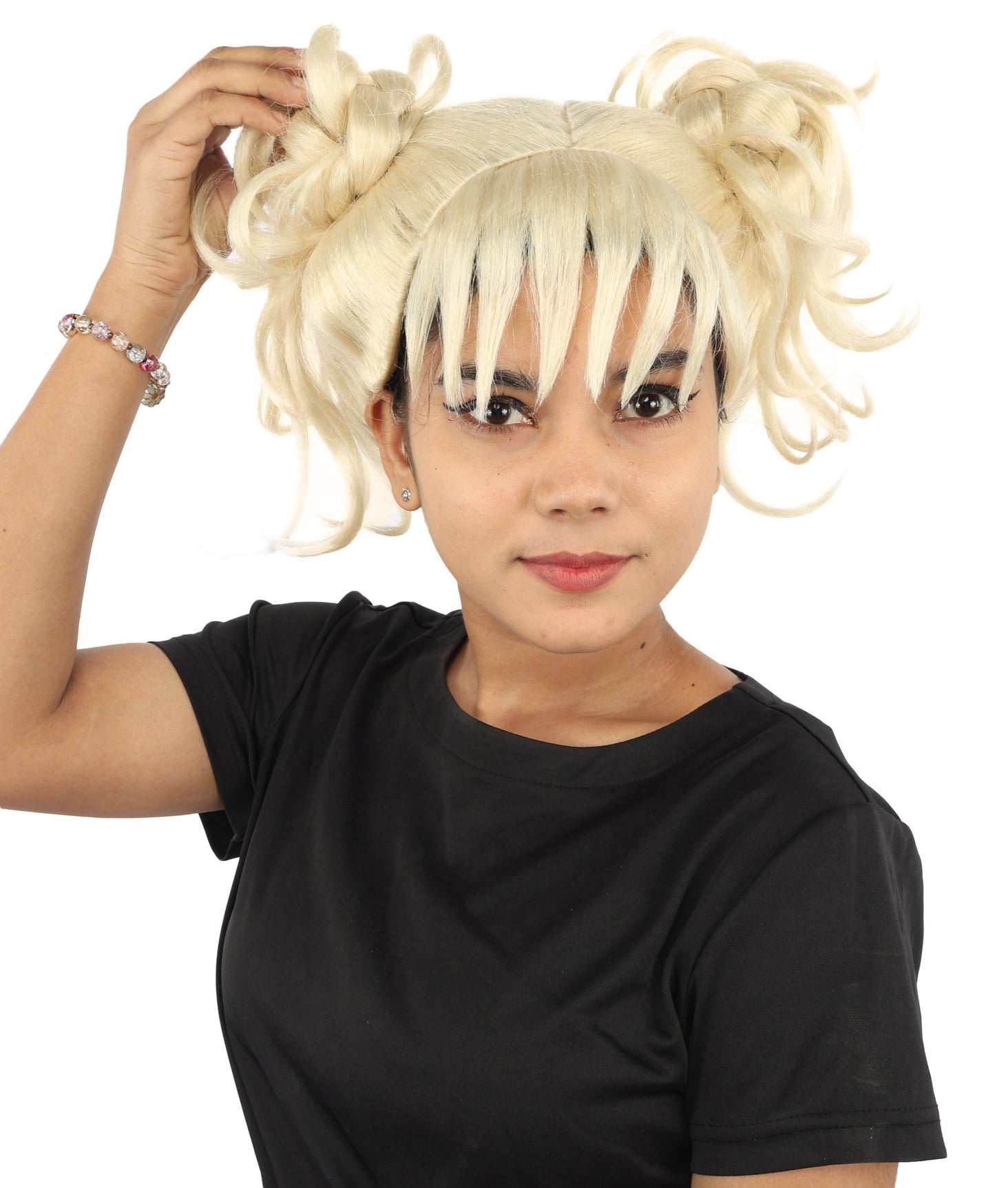 HPO Adult Women’s Messy Twin Bun Wig with Graphic Bangs | Multiple Color Options | Edgy Wig for Cosplay, Fashion Events, Halloween & Stage Wear | Adjustable Cap, Lightweight Synthetic Fiber