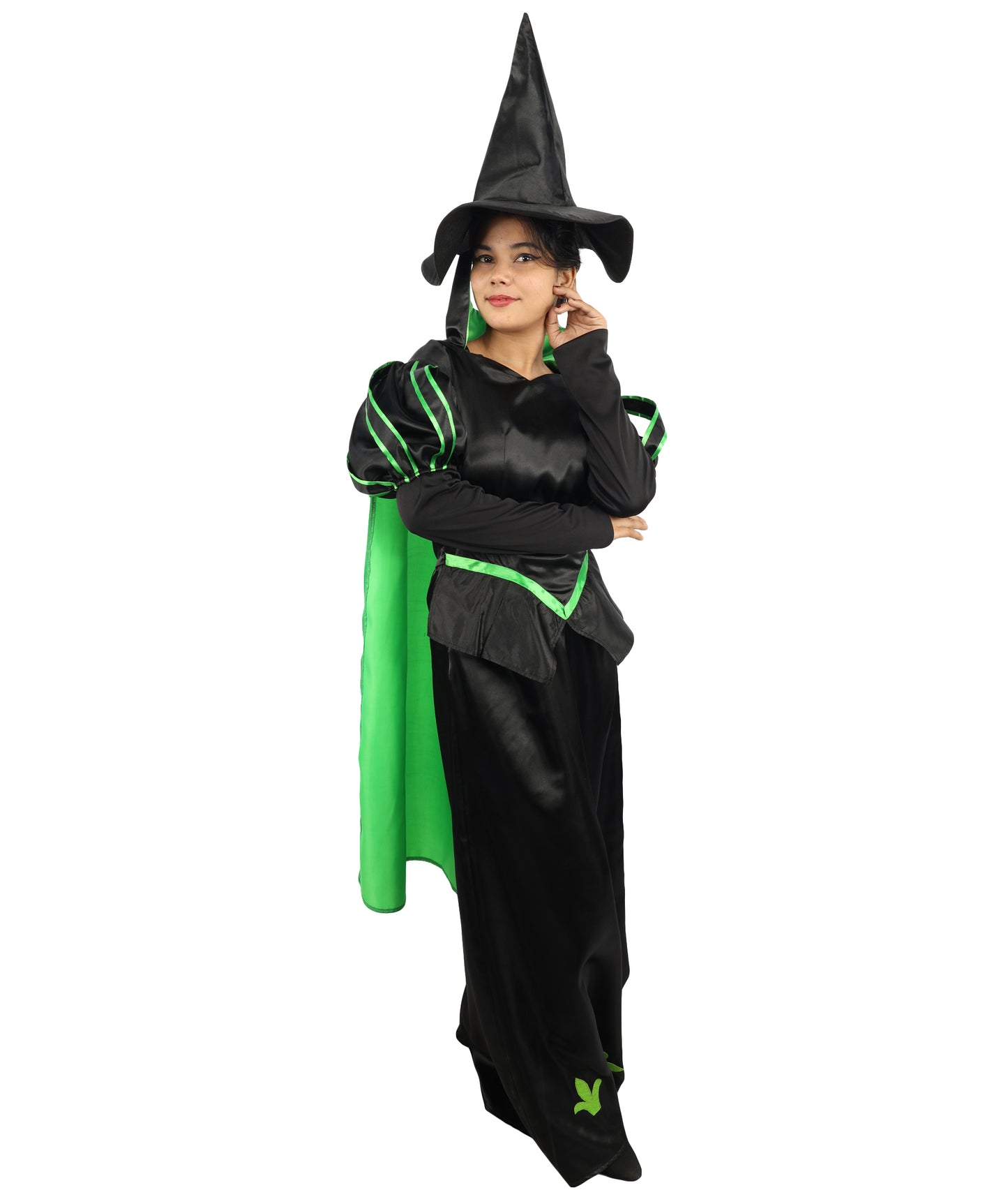 HPO Shadow Valley Witch Costume | Black & Green Long Dress with Pointed Hat | Dark Fantasy Witch Outfit for Halloween, Cosplay & Stage Events