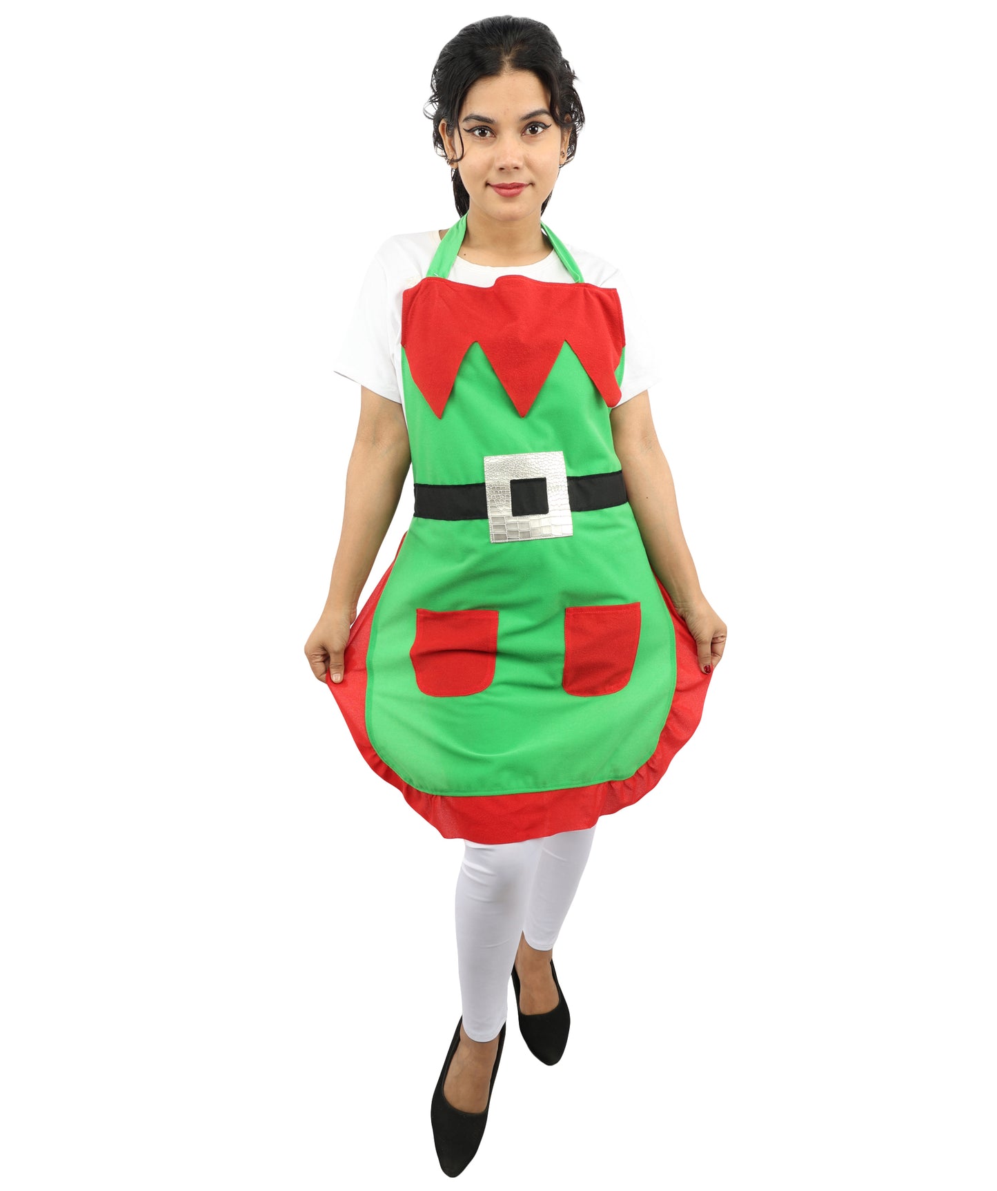 HPO Festive Holiday Helper Fabric Apron for Adults | Red & Green Christmas Cooking Apron | Holiday Baking and Craft Outfit with Adjustable Straps
