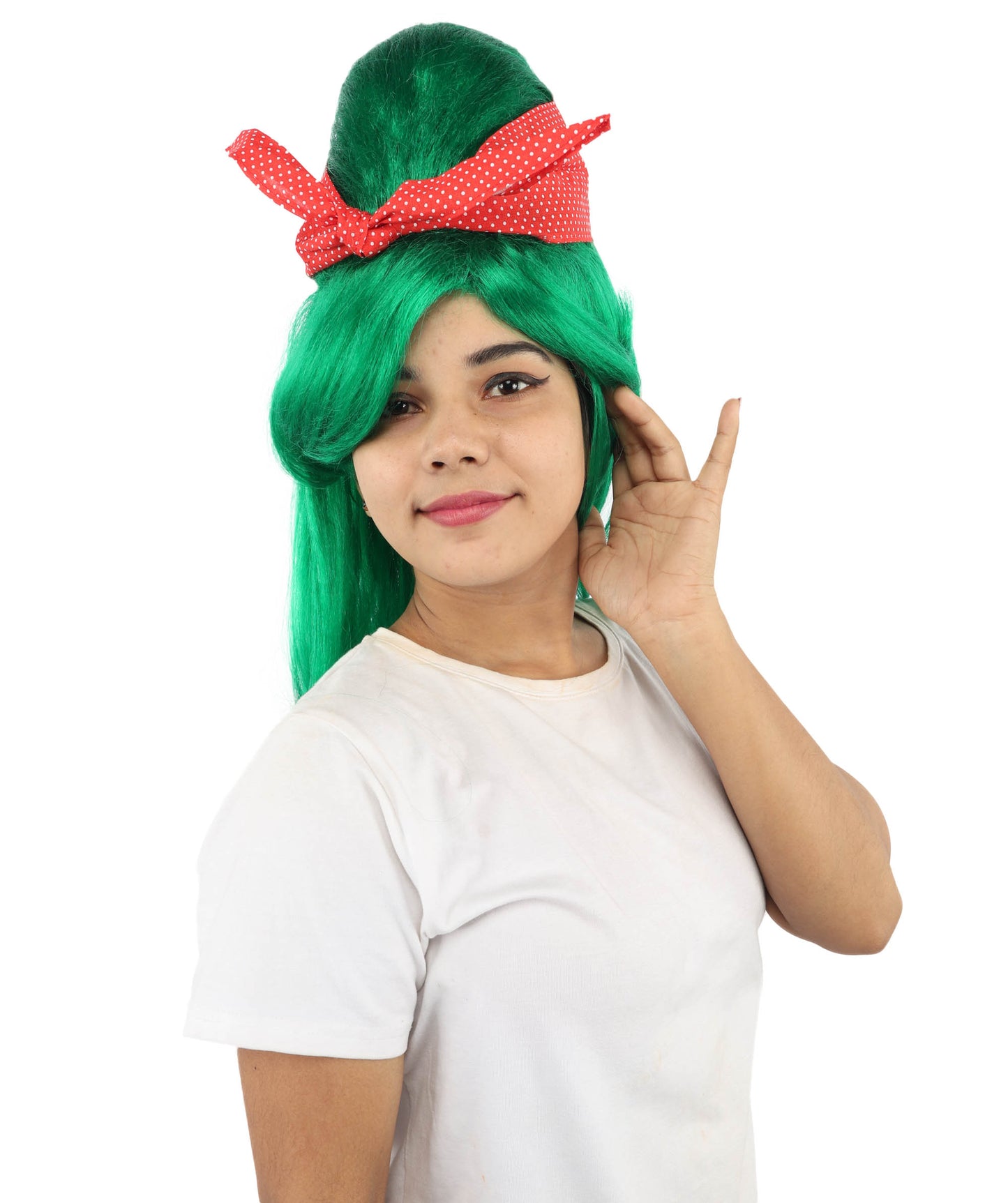 HPO Women’s Retro Beehive Wig with Red Bow | Multicolor Options | Extra Long Wavy Fancy Dress Accessory | Fancy Dress Accessory | Celebrity-Inspired Hair for Halloween, Cosplay & Music Tribute Parties