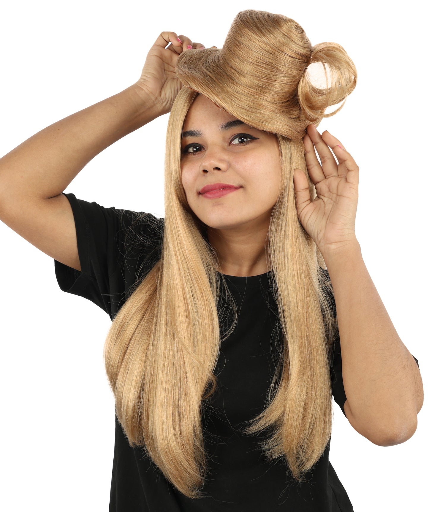 HPO Women's Sculpted Pillbox Hat Wig | Dark honey blonde hue, create of synthetic fiber, integrated 23-inch smooth straight volume with coiled fascinator texture, breathable base | Party, Halloween, theater, drag, performance, costume events