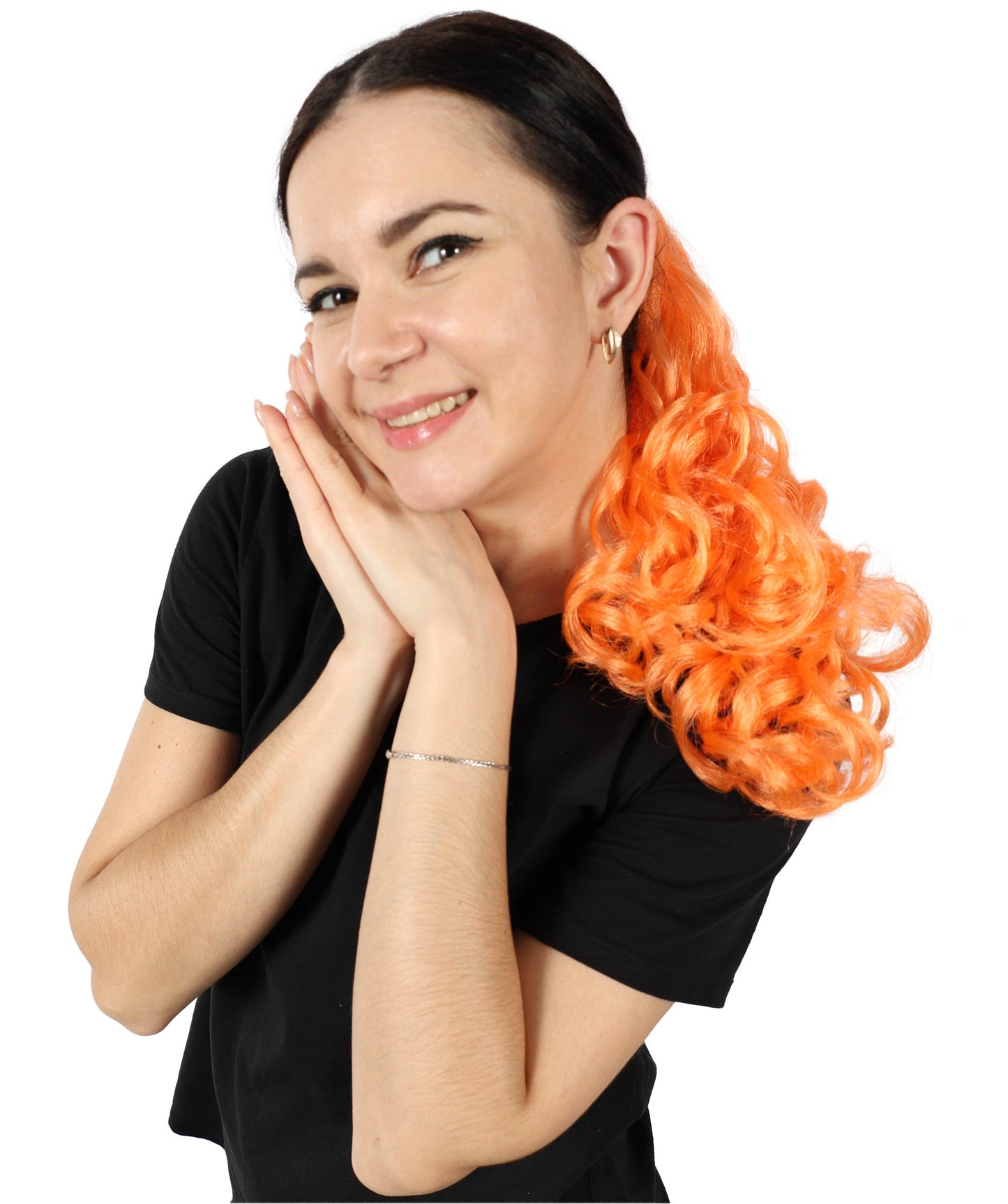 HPO Women’s Vibrant Orange Long Curly Ponytail Hair Extension | Heat-Resistant Synthetic Clip-In Hairpiece | High Volume Wavy Pony for Costume, Cosplay & Halloween