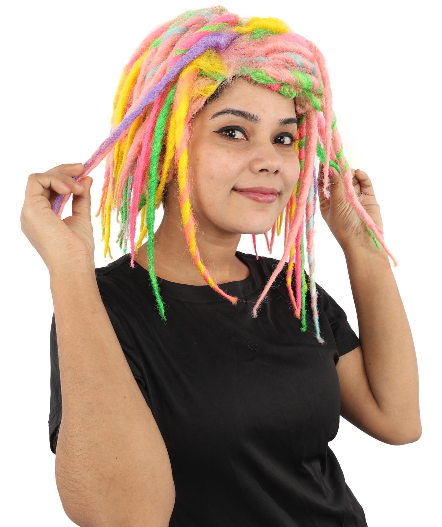 Women's Neon Cyber Goth Wool Dreadlock Wig | UV Reactive Multicolor Braids | Festival Rave Hairpiece, Halloween Costume and Club Wear Accessory