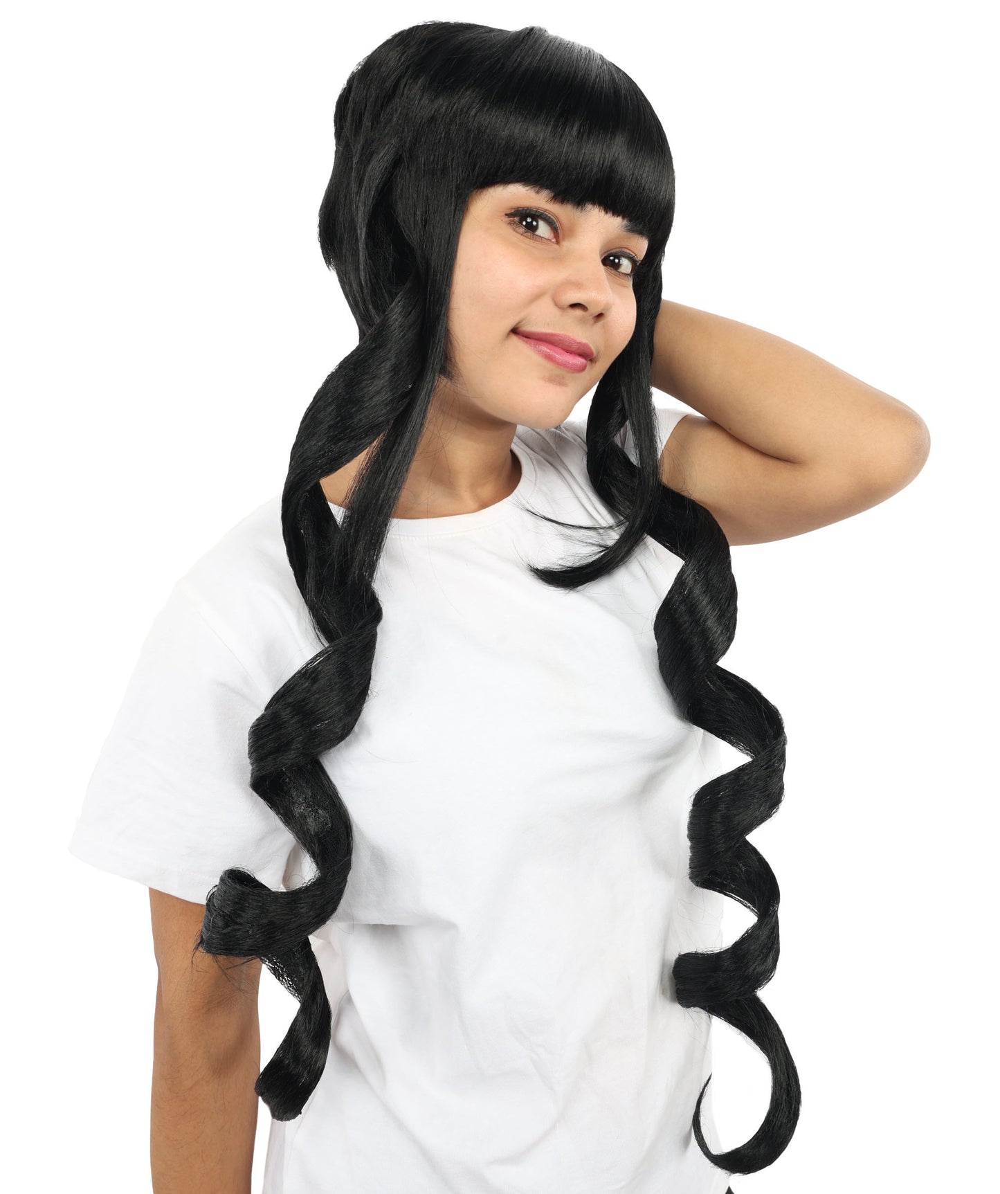 HPO Women's Spiral Curl Black Double Ponytails Wig | Long Synthetic Hairpiece with Twisted Ponytails | Cosplay, Parties, Stage Performances
