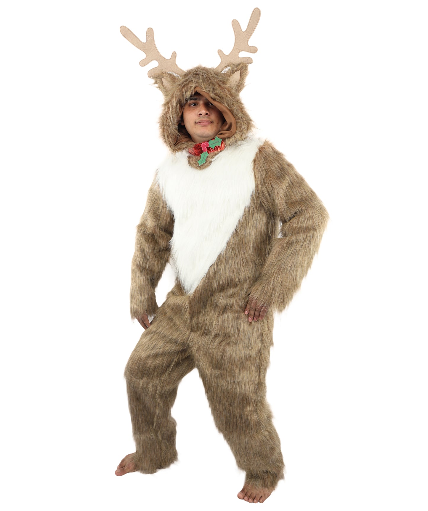 HPO Unisex Reindeer Brown & White Costume | Plush Holiday Outfit with Antlers & Hoof Gloves | Perfect for Christmas, Parties & Festive Events