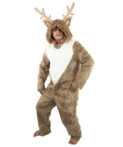 HPO Unisex Reindeer Brown & White Costume | Plush Holiday Outfit with Antlers & Hoof Gloves | Perfect for Christmas, Parties & Festive Events