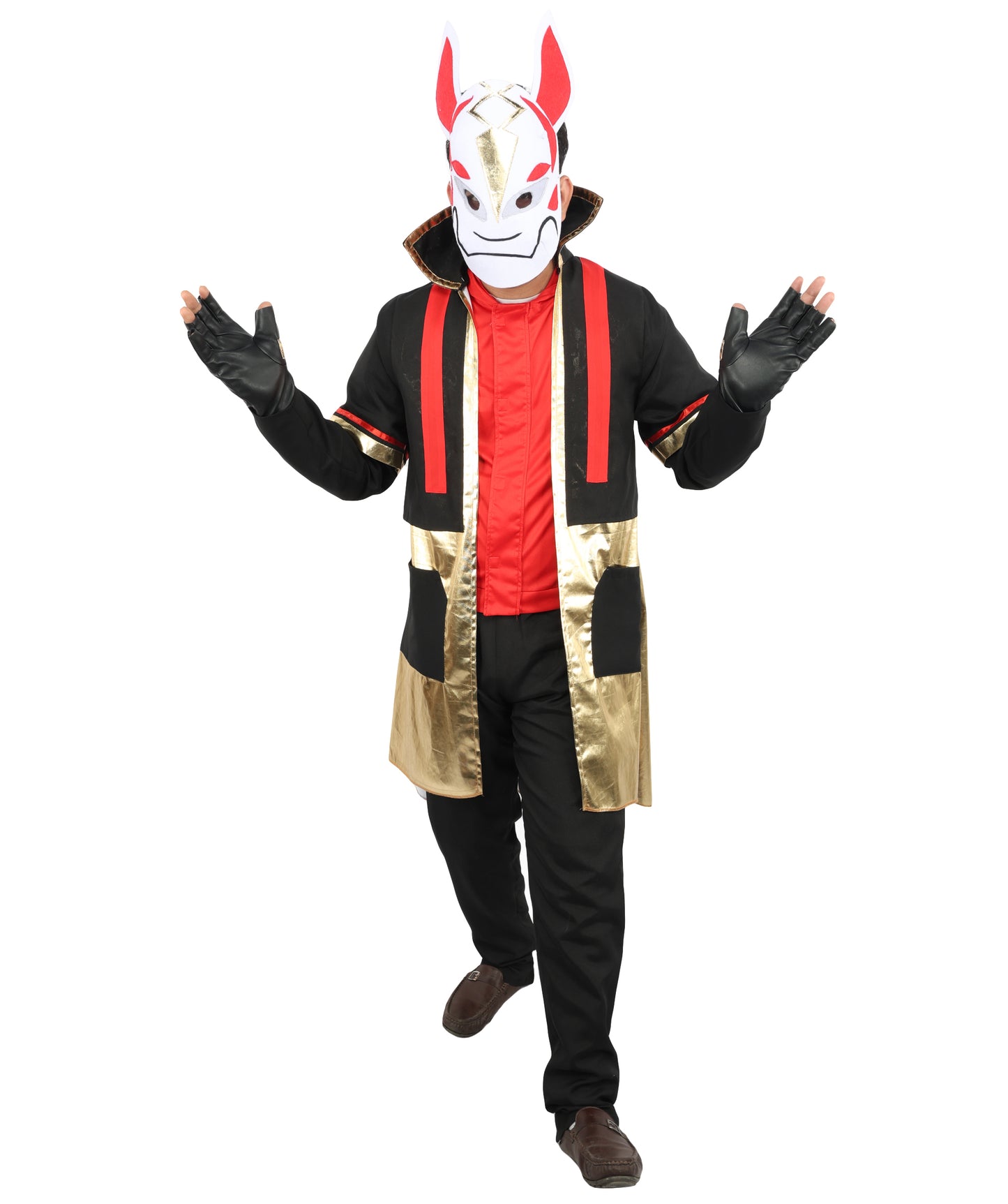HPO Men's Neon Fox Streetwear Outfit | Multi-Layered Gold Satin and Ronior Fabric with Fox Mask and Gloves | Ideal for Cosplay, Halloween, Drag, and Urban Theater Performances