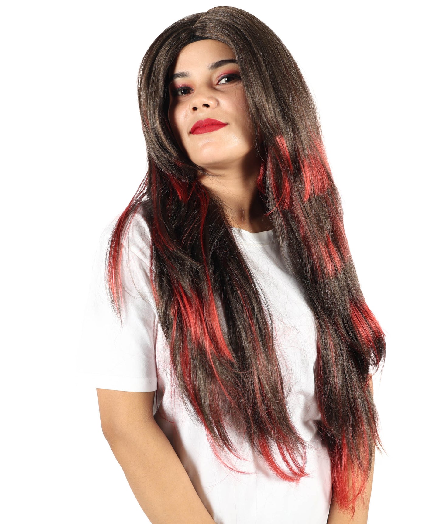 HPO Women's Edgy Celebrity Roleplay Red & Brown Wig |Flame-resistant Fiber with a comfortable capless fit | Ideal for party, Halloween, cosplay, theater, drag, performance, costume events