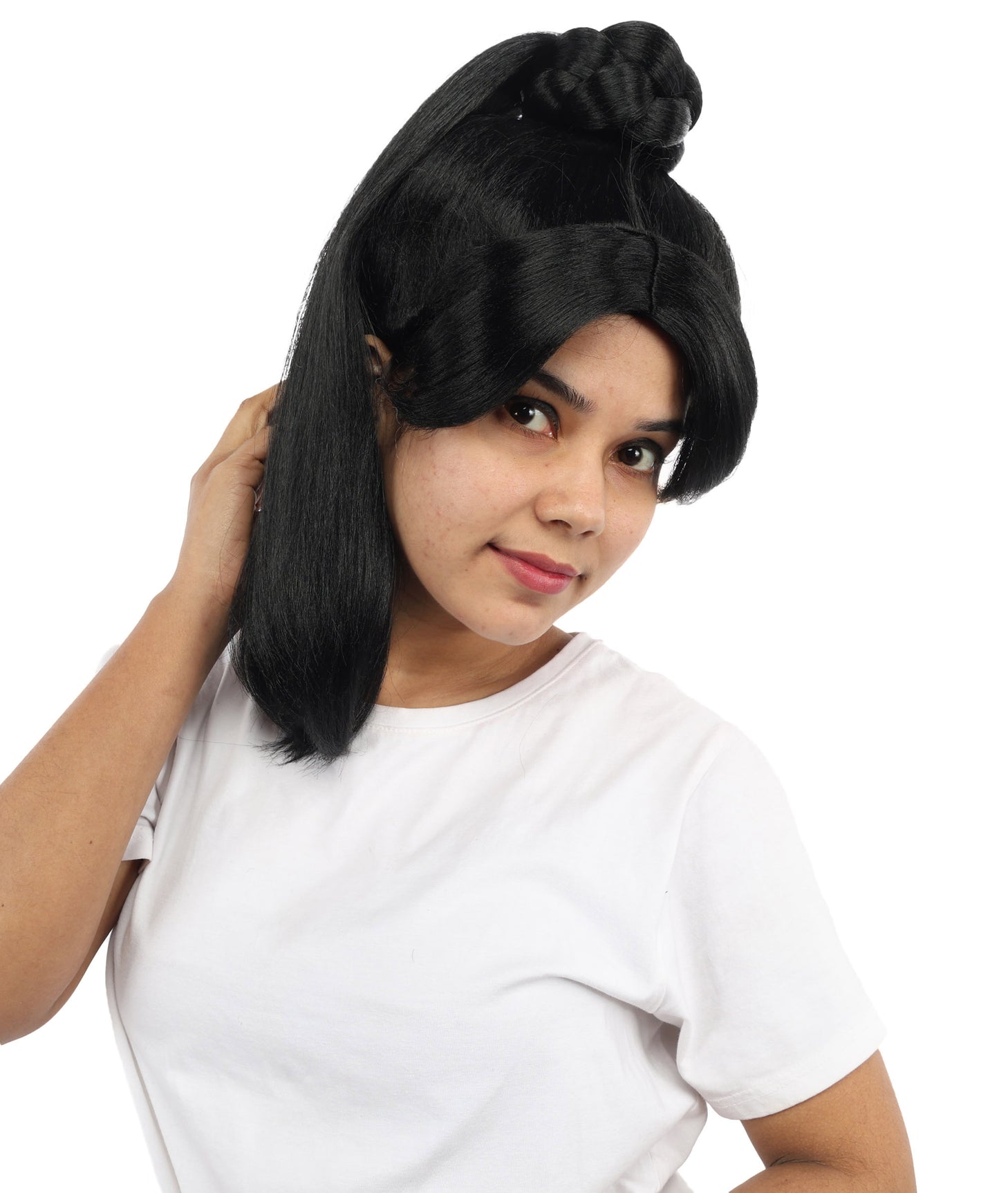 HPO Women's Warrior Bun Wig | Sleek Black Texture Intricate Top Knot 16 Inch Length | Party Halloween Cosplay Theater Drag Performance Costume Events