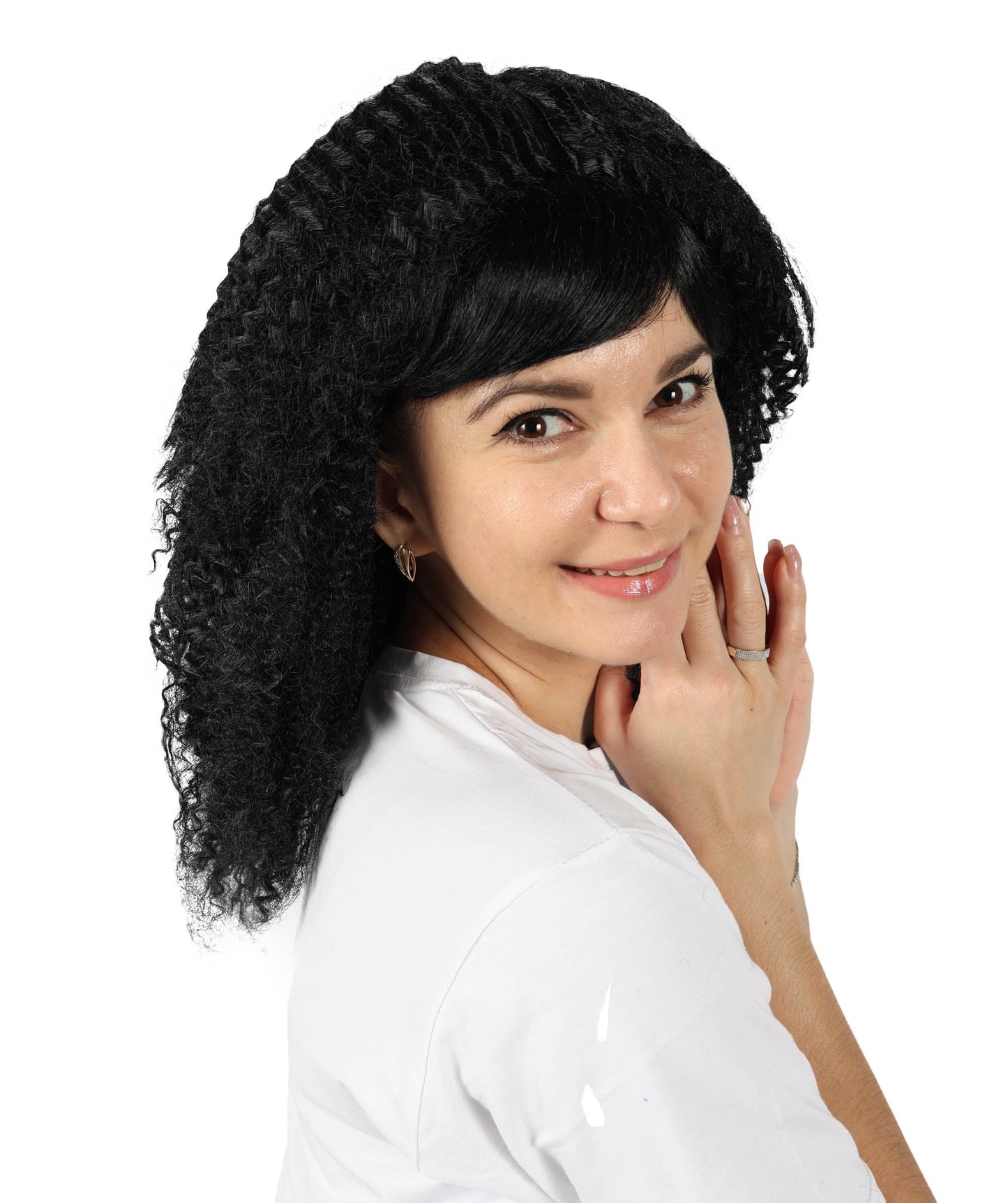 HPO Adult Women's 80s Shoulder Length Straight Black Crimp Wig| Halloween and Cosplay Wig | Flame-retardant Synthetic Fiber