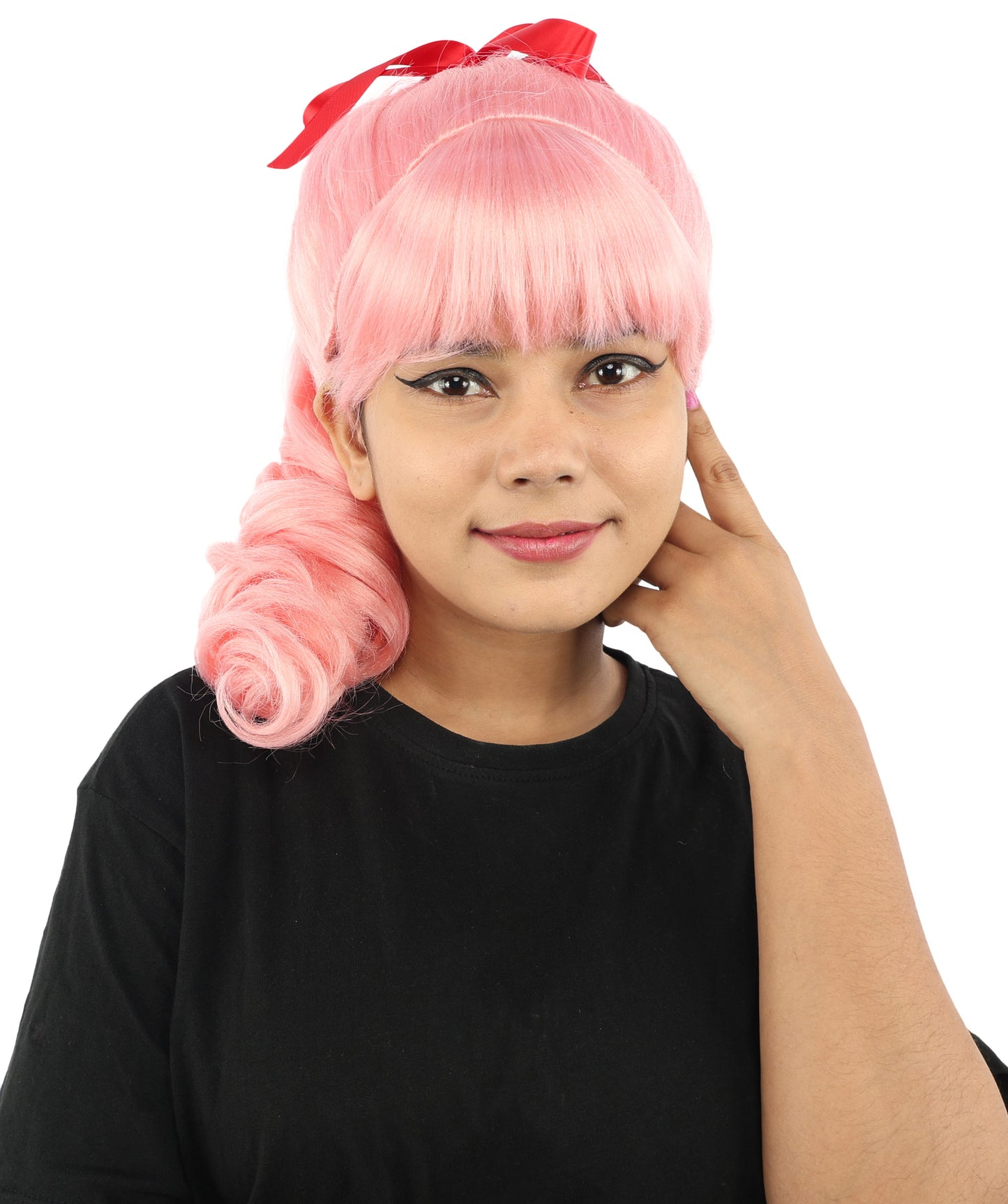HPO Women's Spiral Ponytail Wig | Multicolor Options | High Updo with Red Ribbon Bow & Bangs, Heat Friendly Synthetic Fiber & Breathable Cap | Halloween, Christmas Event, Themed Party, Theater & Roleplay