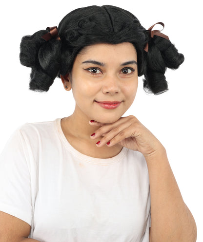 HPO Women's Golden White Mixed Curly Pigtail Wig | Messy Ringlet Twin Tails with Attached Fabric Ribbons, Synthetic Fiber & Breathable Cap | Halloween, Movie Character Roleplay, Costume Party & Theater