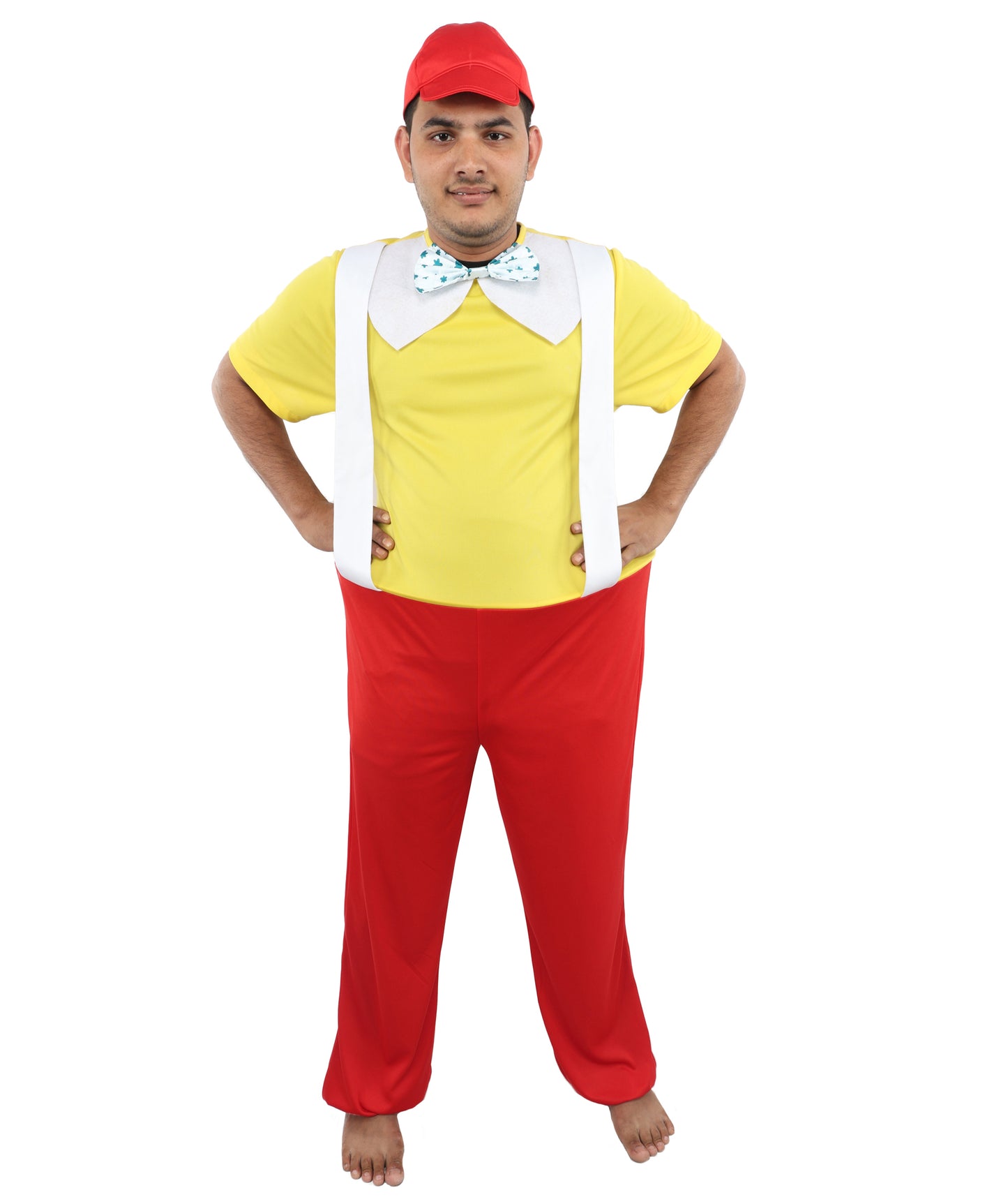 HPO Men's Storybook Character Costume – Yellow Top with Red Pant, Bow Tie, Suspenders & Trousers | Playful Role Suit for T Visual Scenes