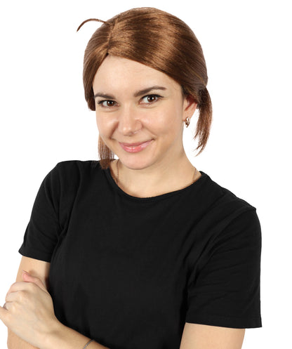 HPO Women’s Gaming Character Brown Low Bun Wig with Side Part | Synthetic Hairpiece | Ideal for Cosplay, Halloween, and Themed Events