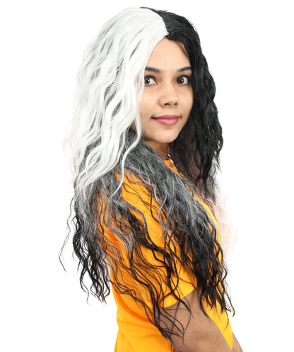 HPO Women’s Long Black and White Gothic Wig – 26 Inch Extra Long Wavy Two-Tone Hairpiece | Ideal for Halloween, Costume Parties & Themed Events
