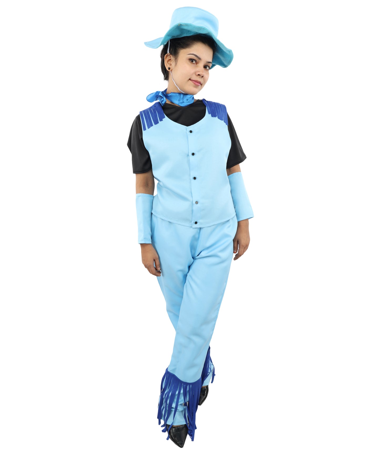 HPO Women's Western Cowgirl Costume – Blue & Black Rodeo Outfit with Hat, Vest, and Fringe Pants – Fashion wear for Party & Cosplay